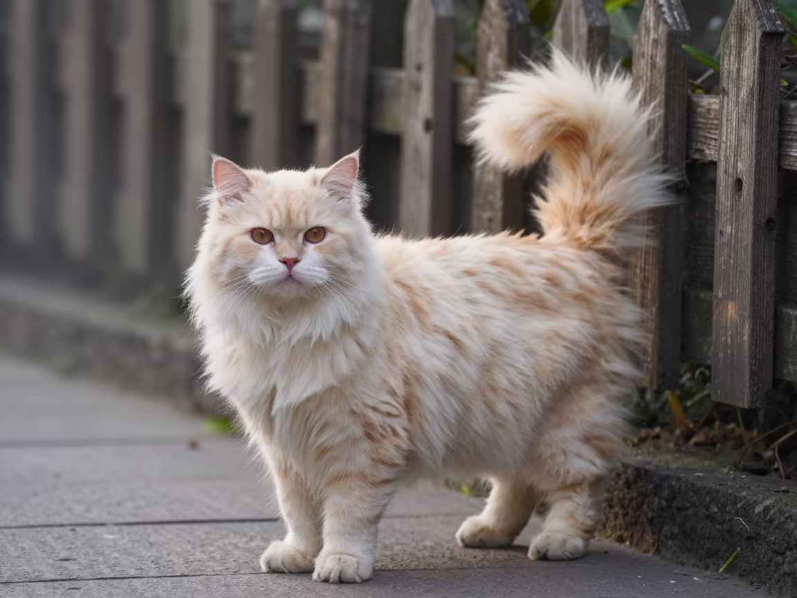 Japanese Bobtail Longhair Portrait in Chongqing Garden in near a garden edge with soft morning light and an uncluttered background in Chongqing