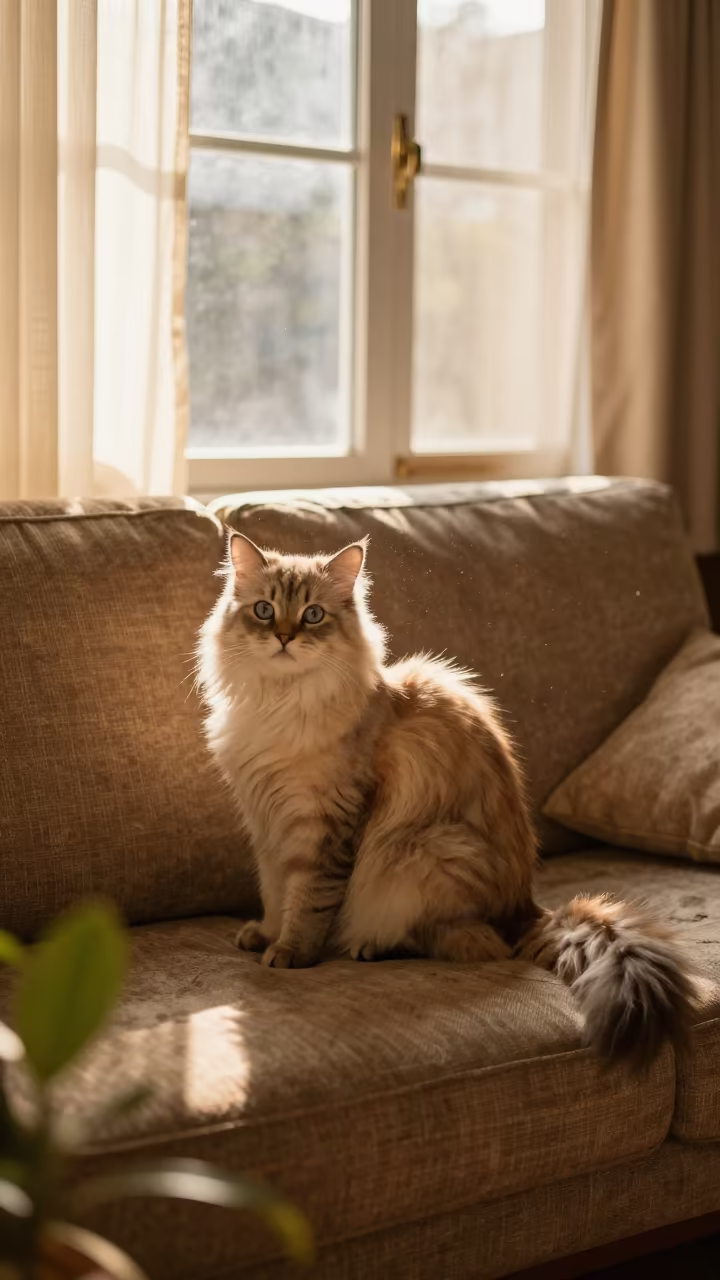 Japanese Bobtail Longhair Portrait in Evening Light in on a sofa near a curtained window with calm indoor light in Oumé