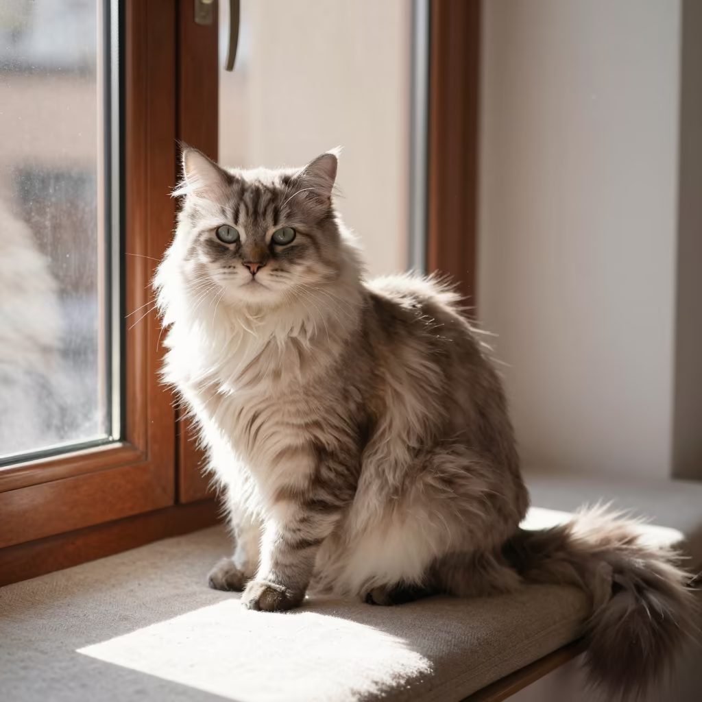 Japanese Bobtail Longhair Portrait on Rabat Window Seat in on a cushioned window seat with soft side light and an uncluttered background in Rabat