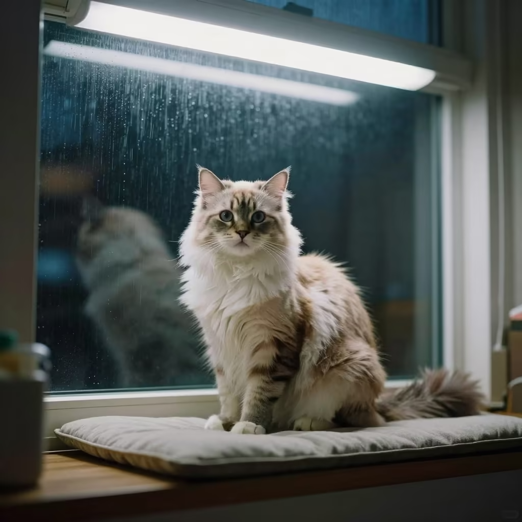 Japanese Bobtail Longhair Portrait on Window Seat in on a cushioned window seat with soft side light and an uncluttered background in Singapore