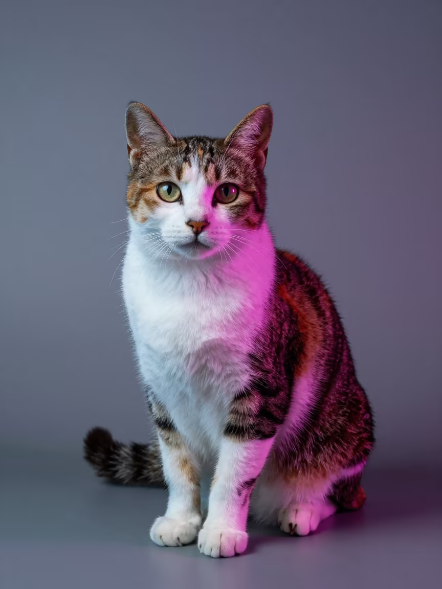 Japanese Bobtail Portrait in Chengdu Neon Light in in a quiet portrait studio with a plain backdrop and eye-level framing in Chengdu