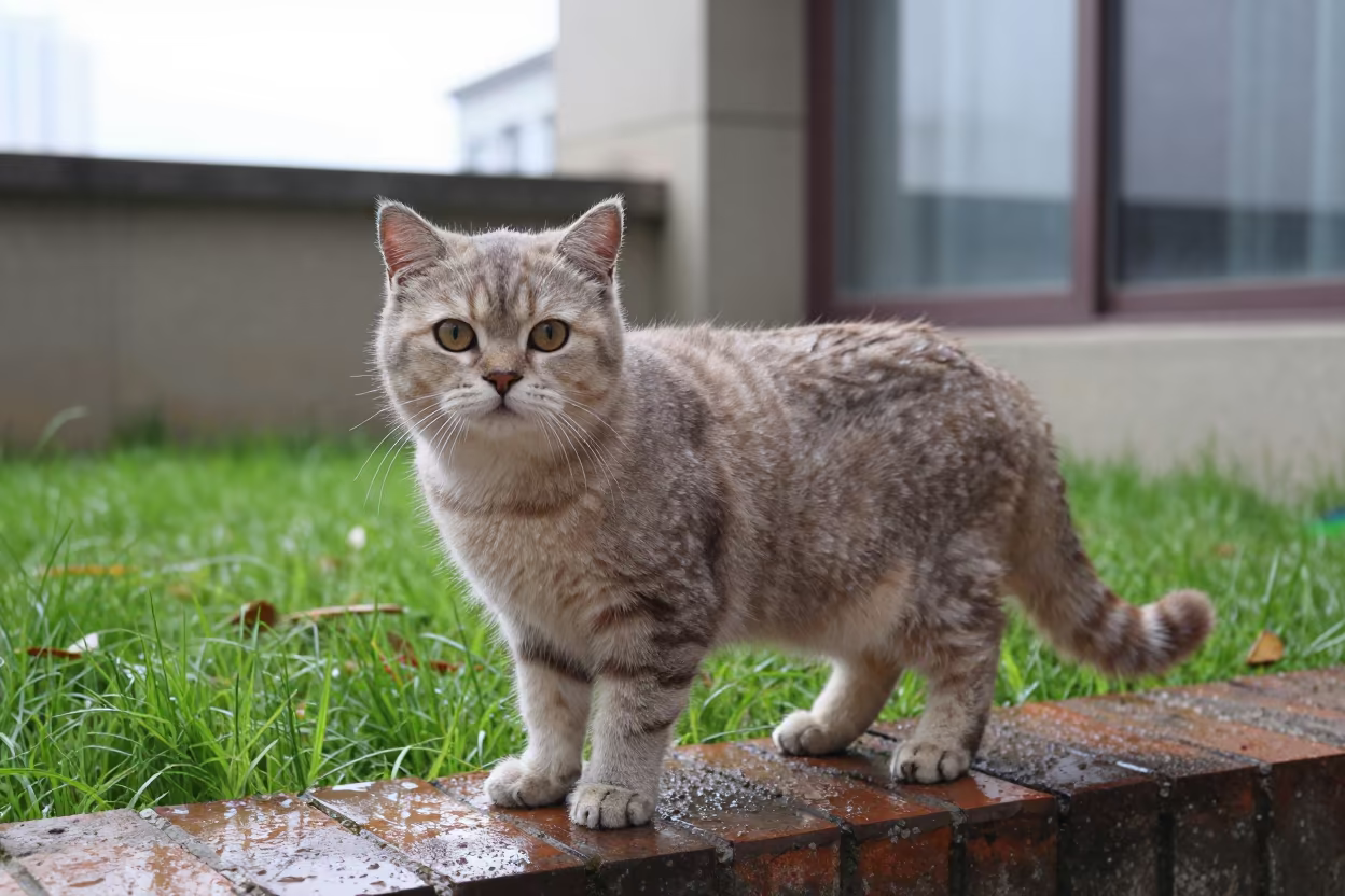 Japanese Bobtail Portrait in Chongqing Yard in in a small yard with clipped grass, calm light, and the animal centered in frame near Chongqing