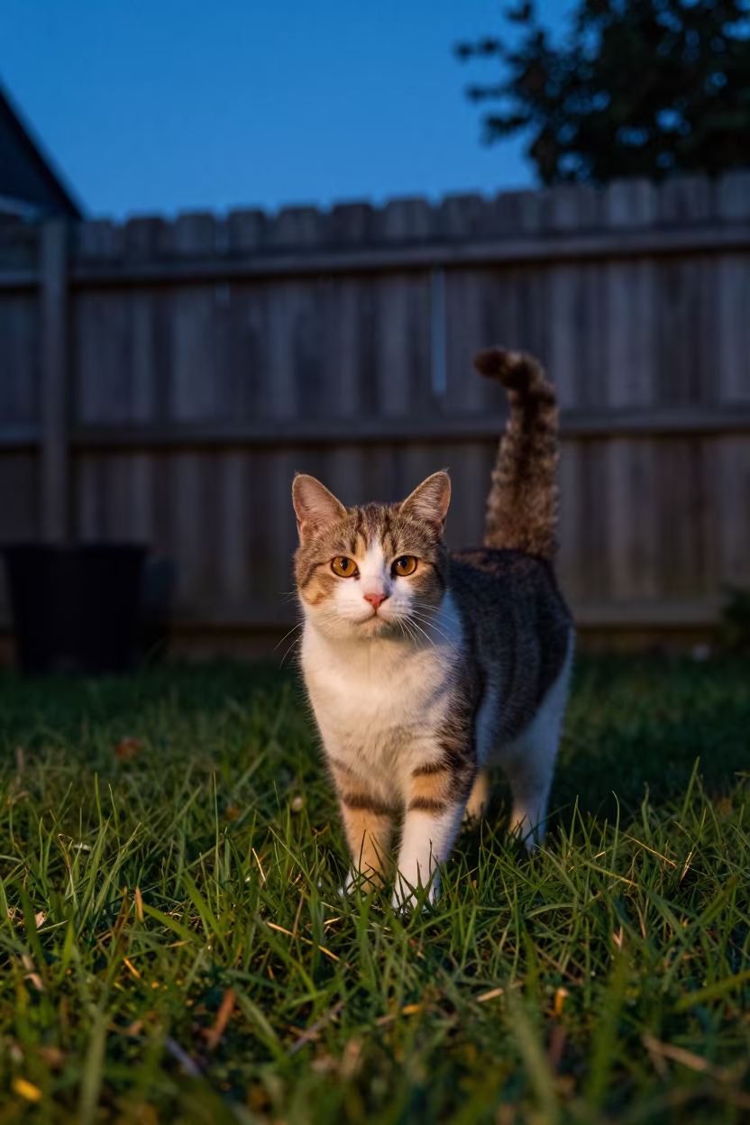 Japanese Bobtail Portrait in London Evening Yard in in a small yard with clipped grass, calm light, and the animal centered in frame in London
