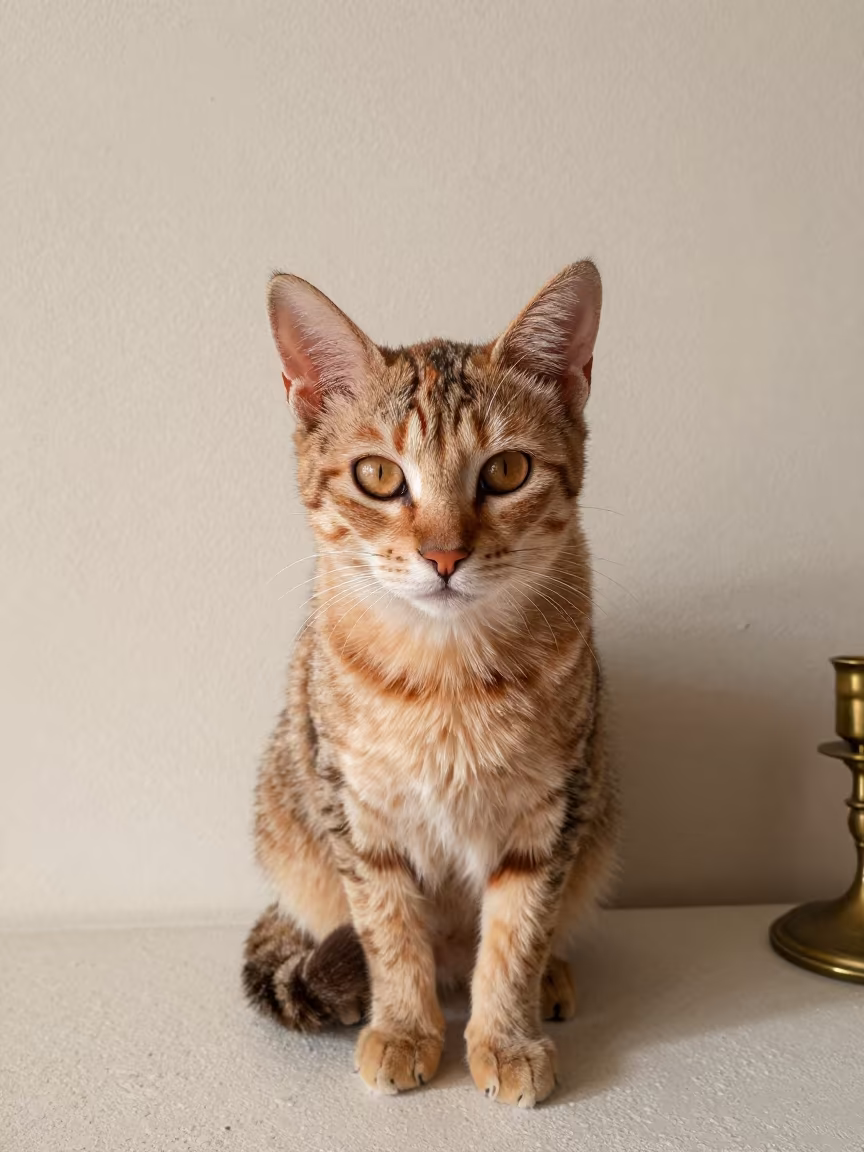 Japanese Bobtail Portrait with Weathered Dignity in beside a plain plaster wall in soft indoor light with the animal centered in frame near Beijing