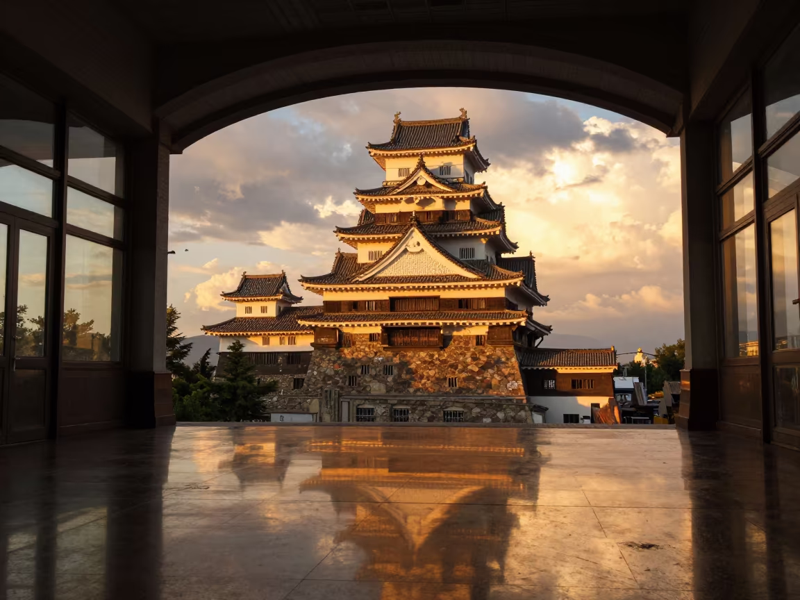 Japanese Castle Keep in Oskemen Terminal in inside a restored train terminal in Oskemen