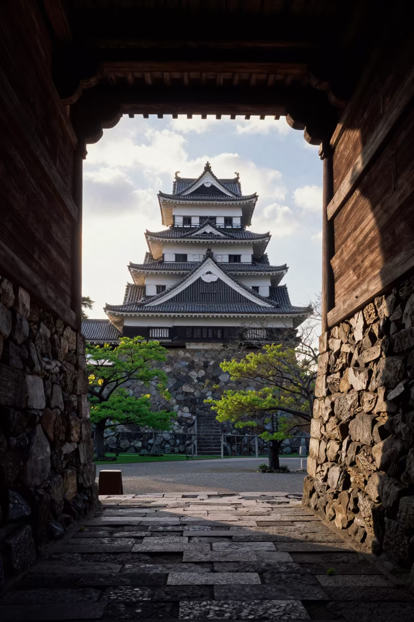 Japanese Castle Keep Skylit Passageway Plymouth Sunrise in inside a skylit passageway near Plymouth
