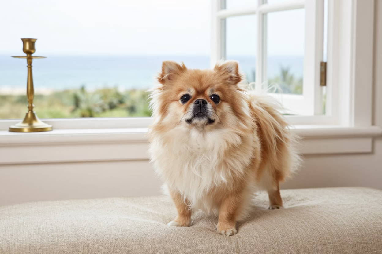 Japanese Chin Dog on Linen Sofa by Window in on a linen sofa with daylight from a nearby window near Cabo San Lucas