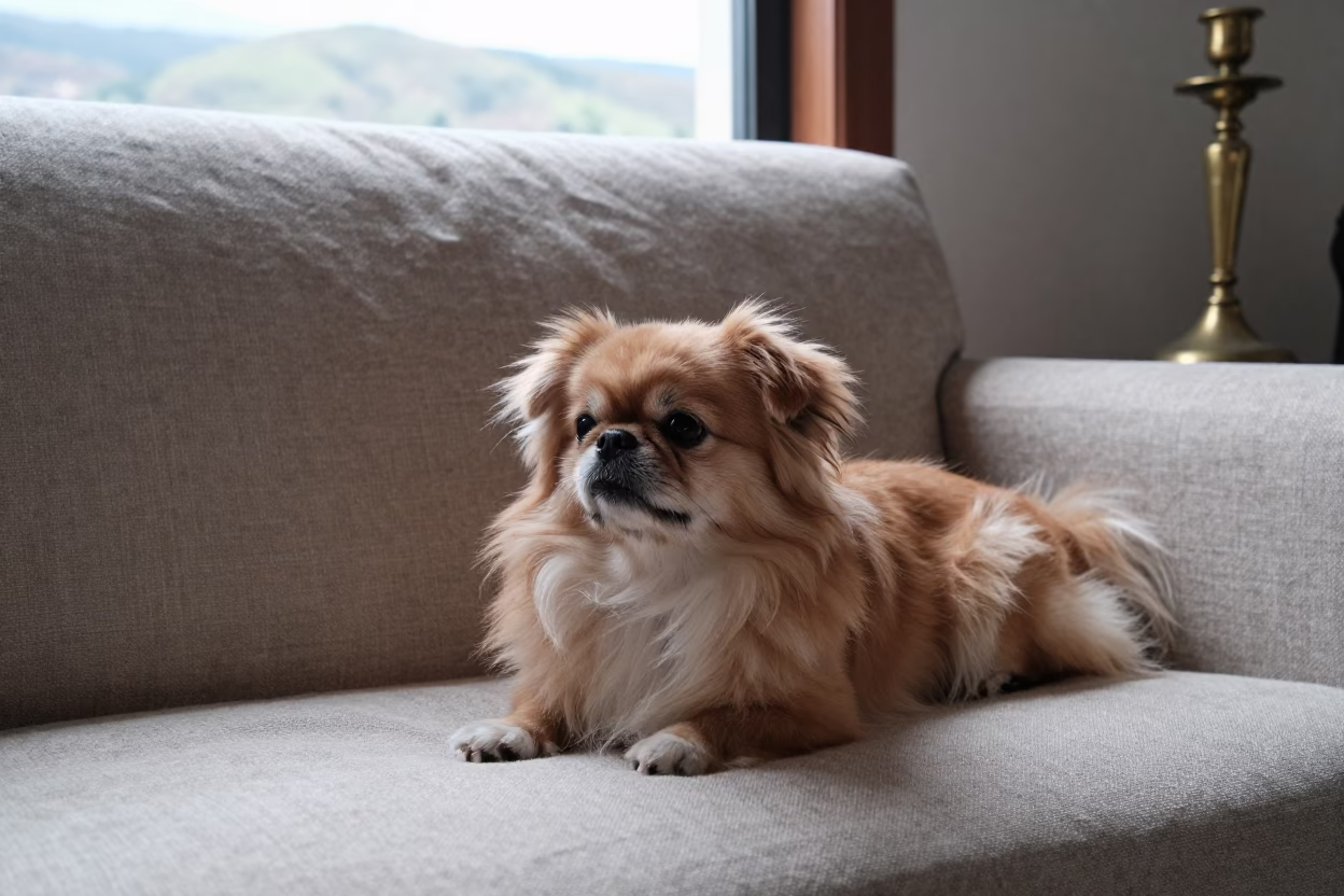 Japanese Chin Dog on Linen Sofa in Quito in on a linen sofa with daylight from a nearby window near Guapulo, Quito