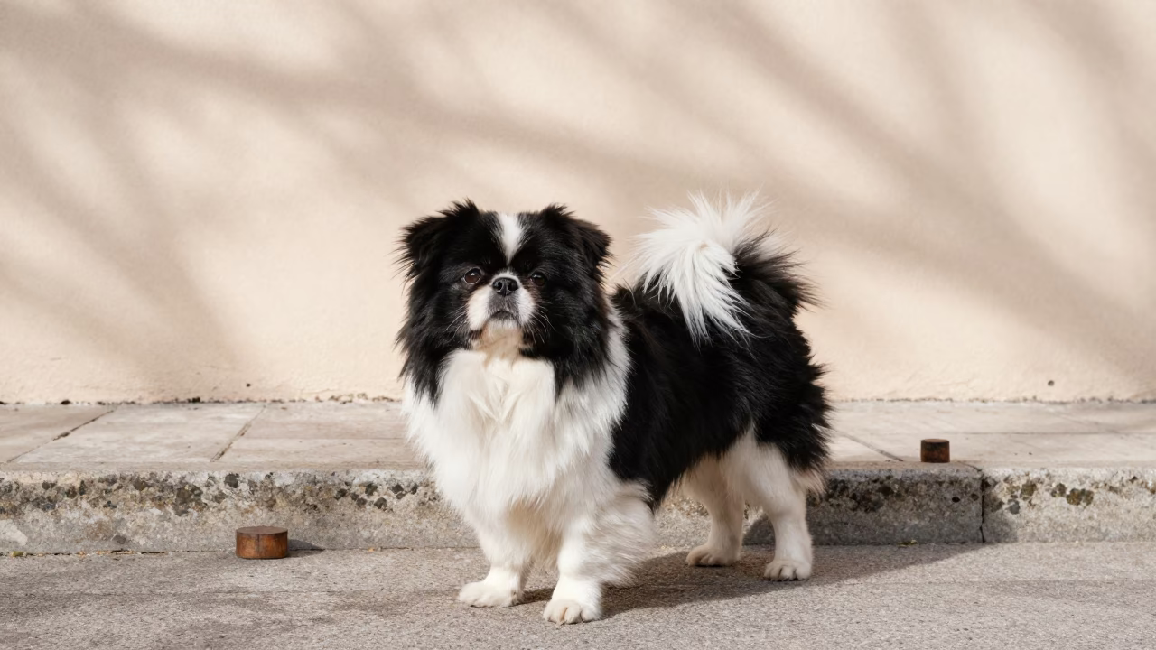 Japanese Chin Dog on Madrid Park Path in beside a plain courtyard wall in clear daylight with the animal at eye level in Chamberi, Madrid