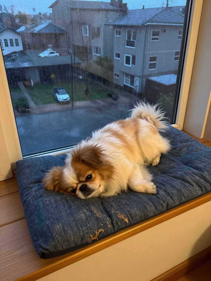 Japanese Chin Dog on Window Seat in on a window seat in a quiet apartment with soft side light in Callao