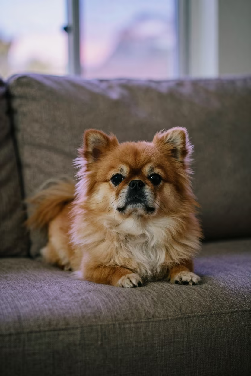 Japanese Chin Dog Resting on Linen Sofa in on a linen sofa with daylight from a nearby window in Pretoria