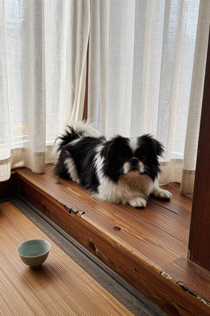 Japanese Chin Dog Resting on Window Seat in Chengdu in on a window seat in a quiet apartment with soft side light in Chengdu