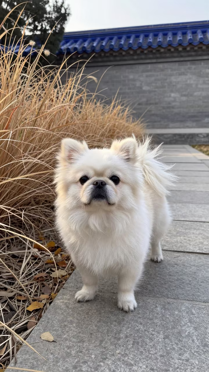 Japanese Chin on Beijing Park Path Morning Light in near a garden edge with soft morning light and an uncluttered background in Beijing