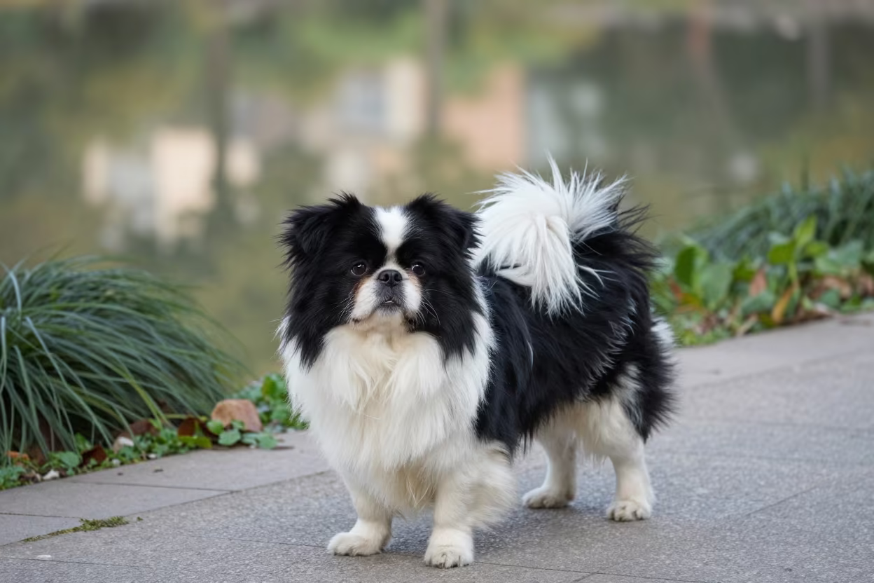 Japanese Chin on Haikou Park Path Morning Light in near a garden edge with soft morning light and an uncluttered background in Haikou