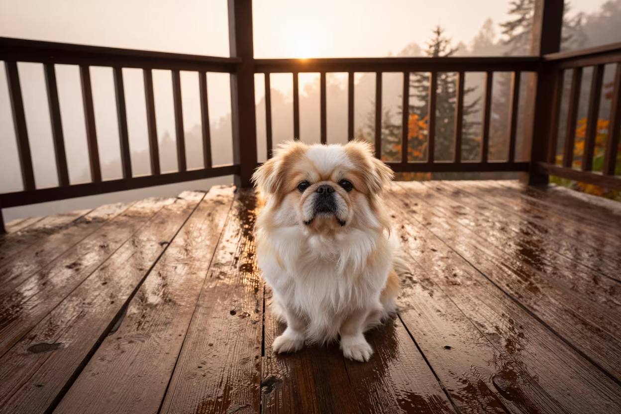 Japanese Chin on Shimla Porch Sunset Drizzle in on a shaded front porch with boards, railings, and eye-level framing in Shimla