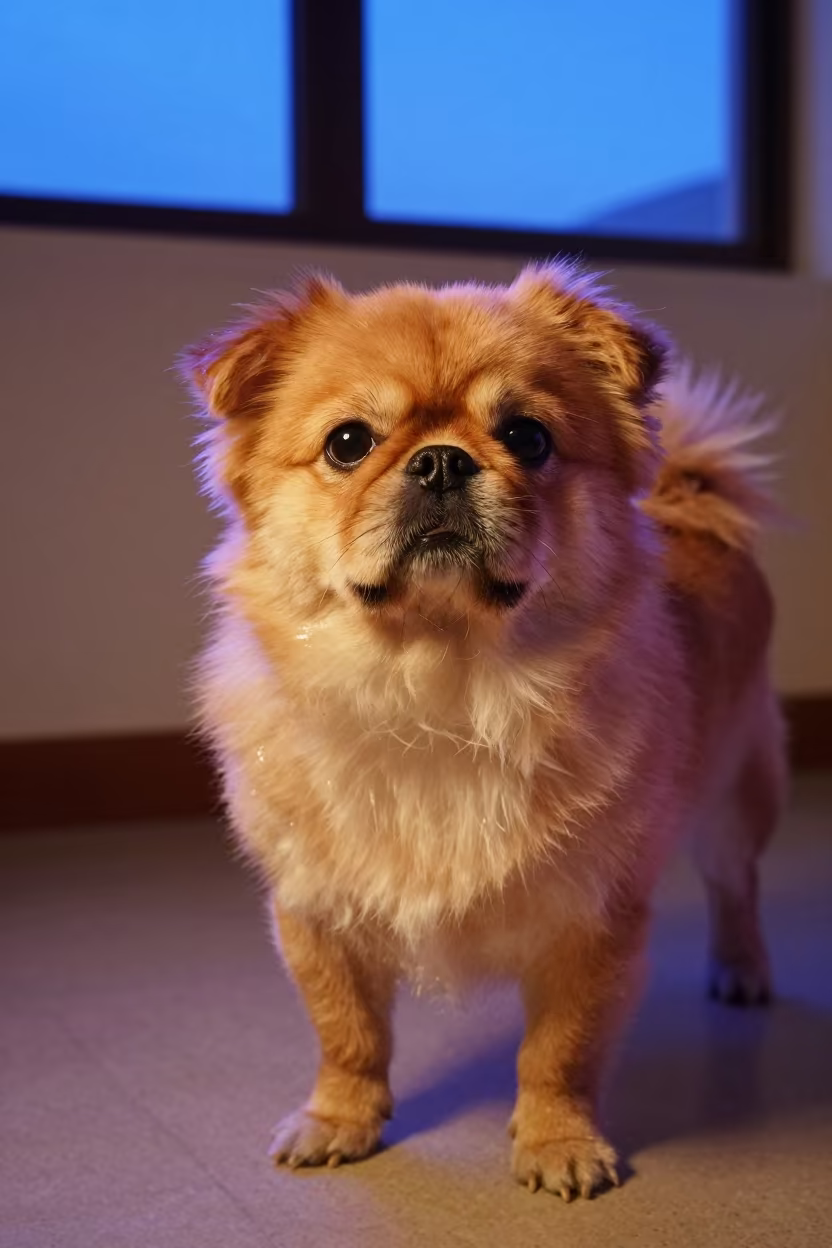 Japanese Chin Portrait in Neon Lit Studio in in a quiet portrait studio with a plain backdrop and eye-level framing in San Francisco de Campeche