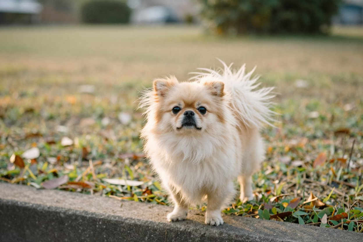 Japanese Chin Portrait in Savannah Garden Morning in near a garden edge with soft morning light and an uncluttered background near Savannah