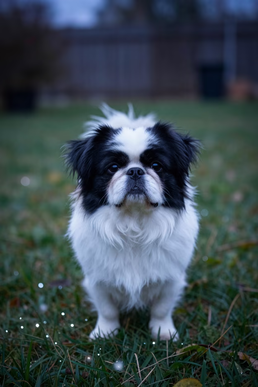 Japanese Chin Portrait in Winter Night Light in in a small yard with clipped grass, calm light, and the animal centered in frame near Fergana