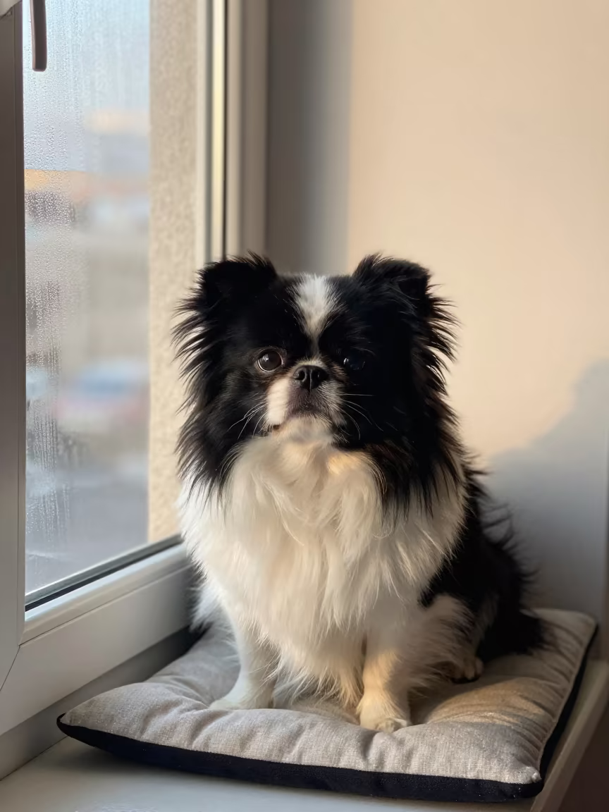 Japanese Chin Portrait on Window Seat in Tel Aviv in on a cushioned window seat with soft side light and an uncluttered background in Tel Aviv