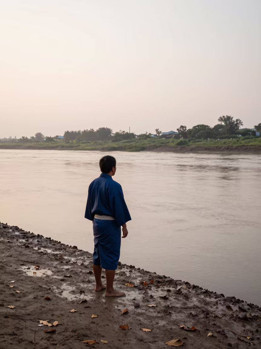 Japanese Fisherman in Happi Coat by Harare Riverbank in by a riverbank near Harare