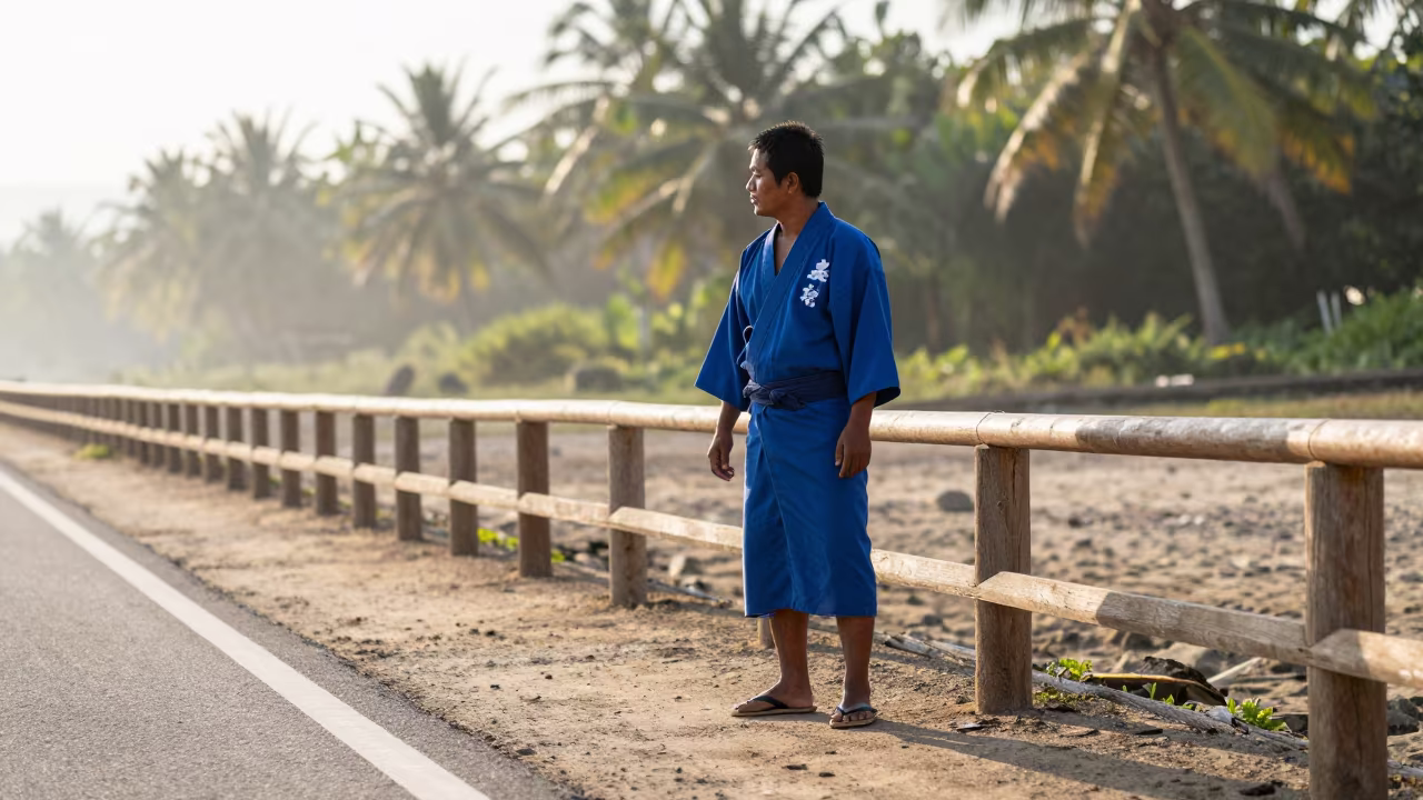 Japanese Fisherman in Happi Coat at Roadside Stop in at a roadside stop near Godavarikhani