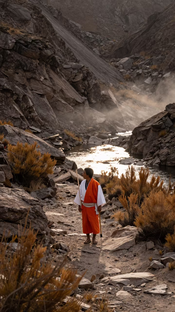 Japanese Fisherman on Salta Mountain Path in on a mountain path near Salta