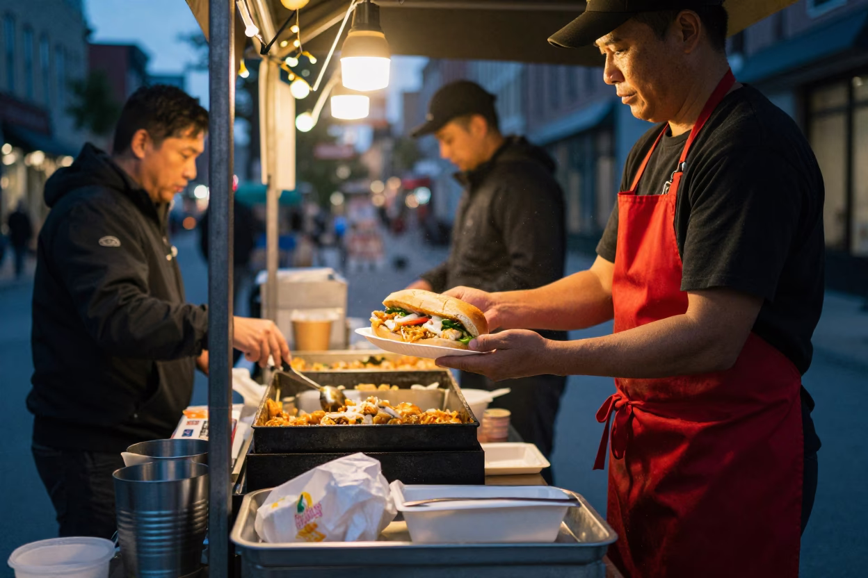 Japanese Katsudon at Twilight in Montreal in in Montreal, Quebec, Canada