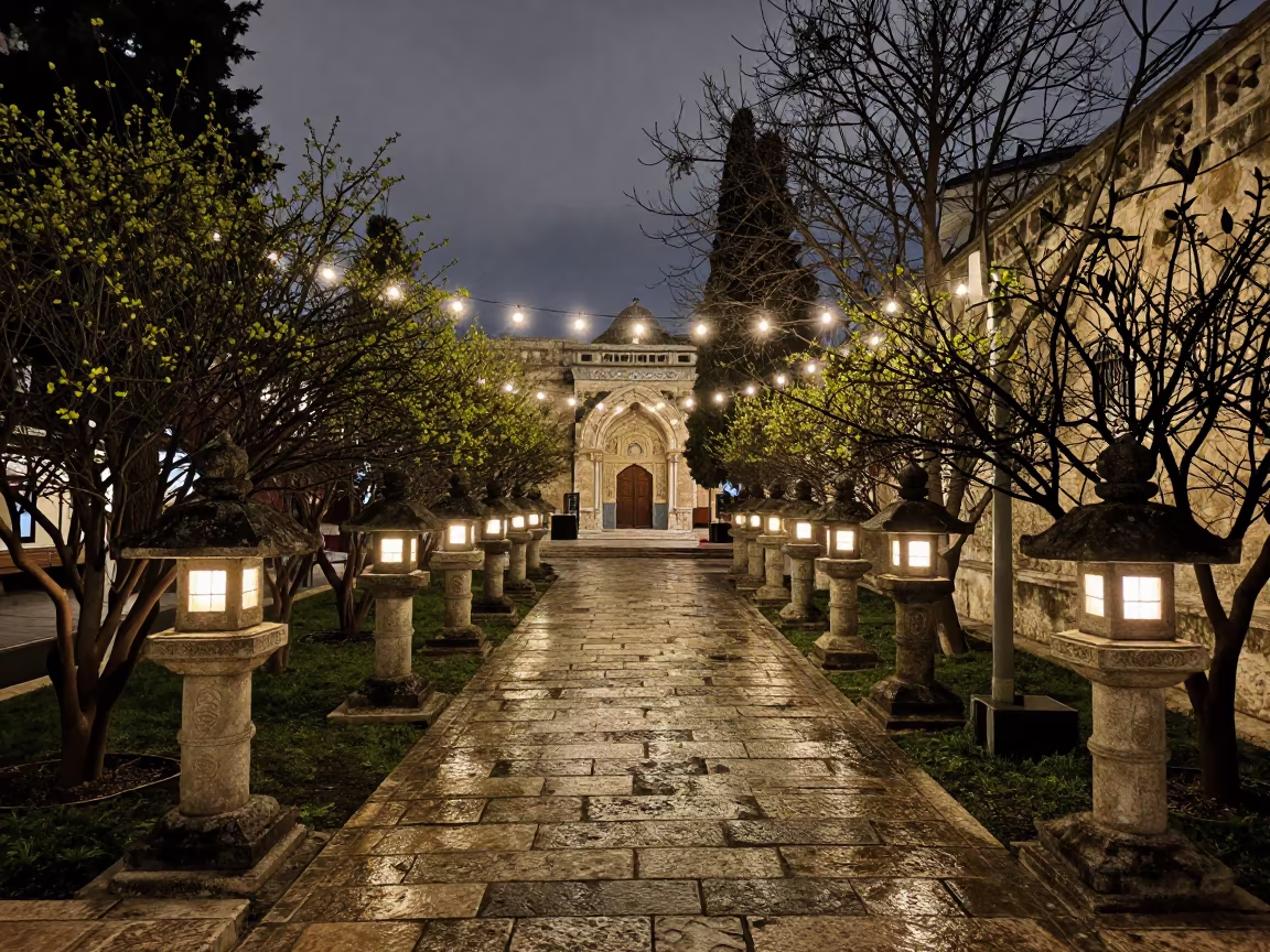 Japanese Lanterns Glow in Jerusalem Temple Courtyard in in a temple courtyard in Ein Karem, Jerusalem