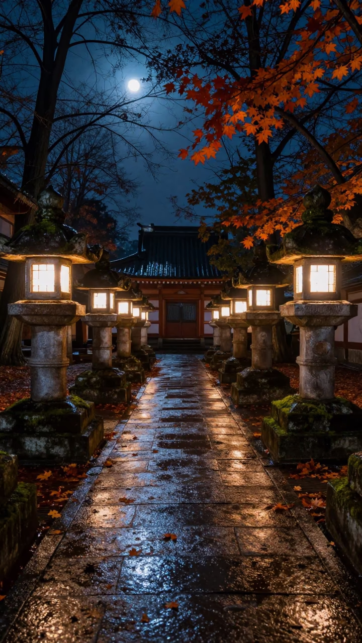 Japanese Lanterns Glow in Moscow Temple Courtyard in in a temple courtyard in Patriarch Ponds, Moscow