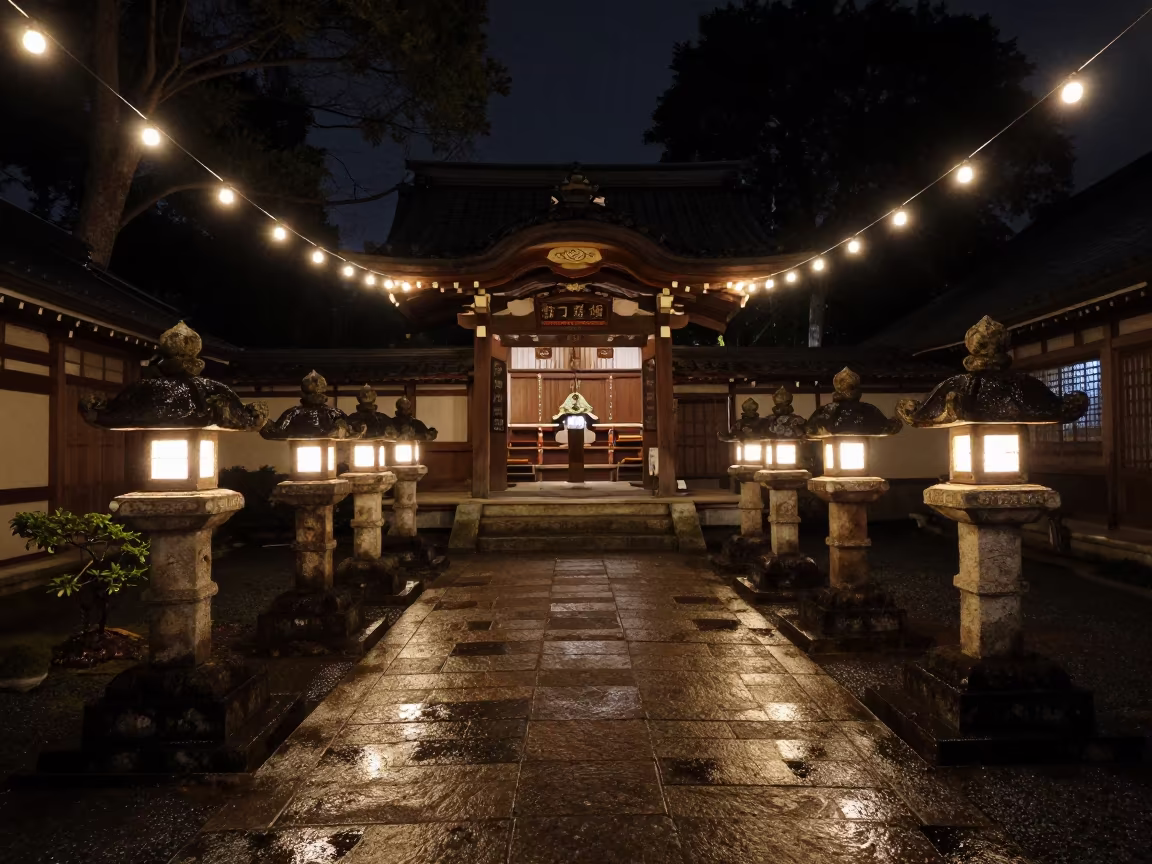 Japanese Lanterns Glowing in Monsoon Shrine Night in in a shrine lined with lanterns in Soubré