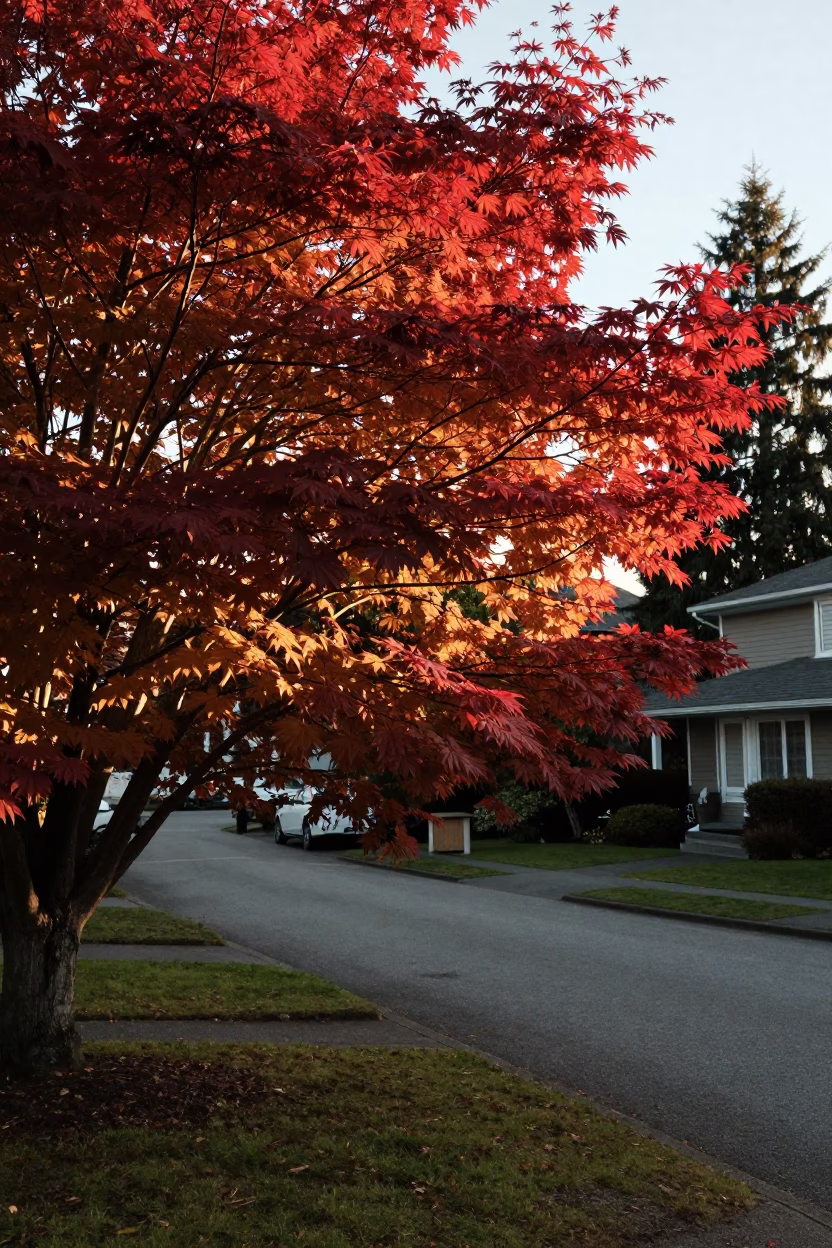 Japanese maple crimson leaves in honeyed evening light Vancouver British Columbia in in Vancouver, British Columbia, Canada