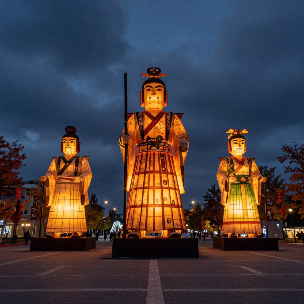 Japanese Nebuta Floats in Makhachkala Square Night in at a public square during a festival in Makhachkala
