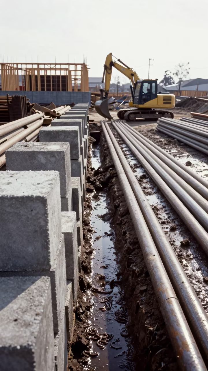 Japanese Pipe Yard Cribbing Under Water Light in beside a framed building shell in Japan
