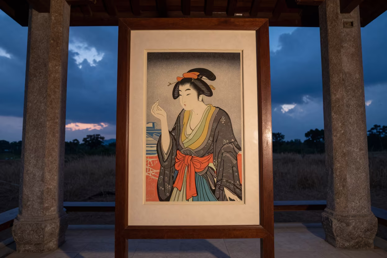 Japanese Print in Yangon Prayer Hall Blue Hour in in a prayer hall in Yangon