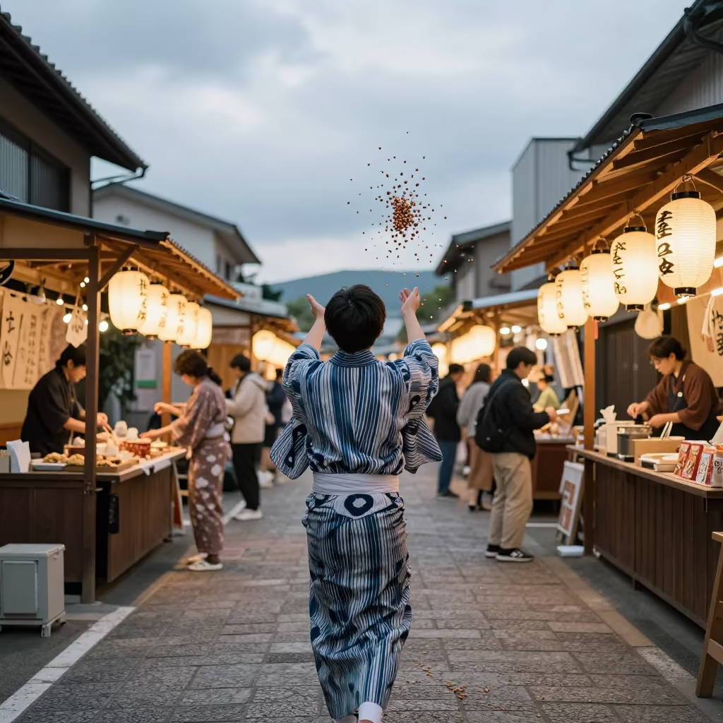 Japanese Setsubun Bean Throwing at Night Market in at a night market near Manzanillo
