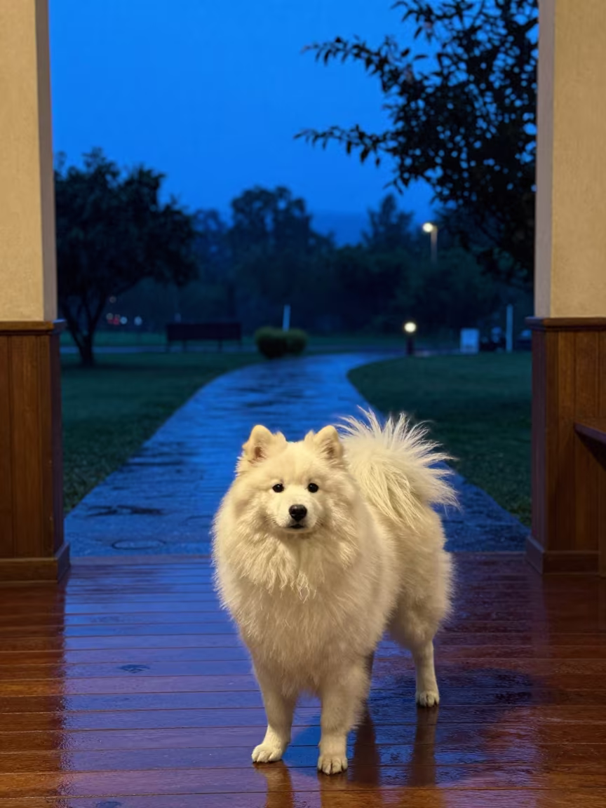 Japanese Spitz in Indigo Twilight on Ibagué Porch in along a quiet park path with soft open shade and a clean background near Ibagué