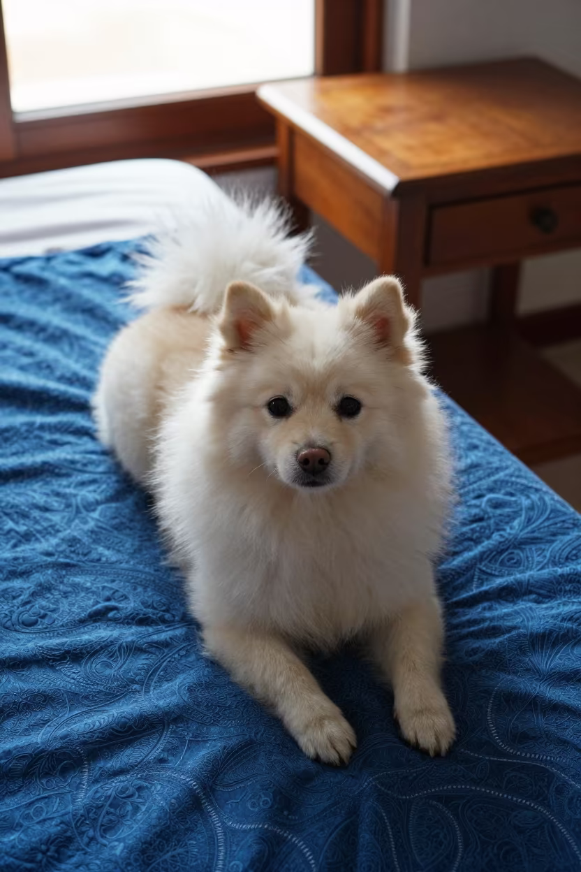 Japanese Spitz on Bedspread Near Window in on a bedspread near a bright window with calm indoor light in Sana'a
