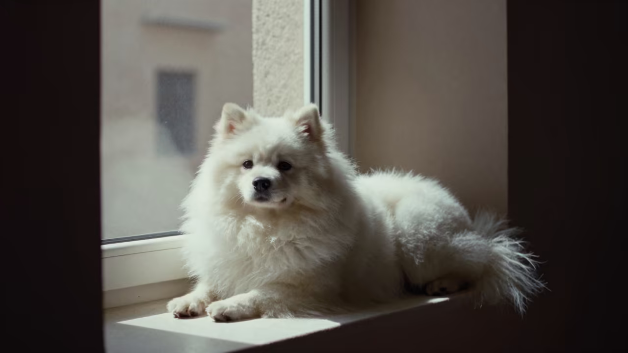 Japanese Spitz on Jeddah Window Seat in on a window seat in a quiet apartment with soft side light in Jeddah