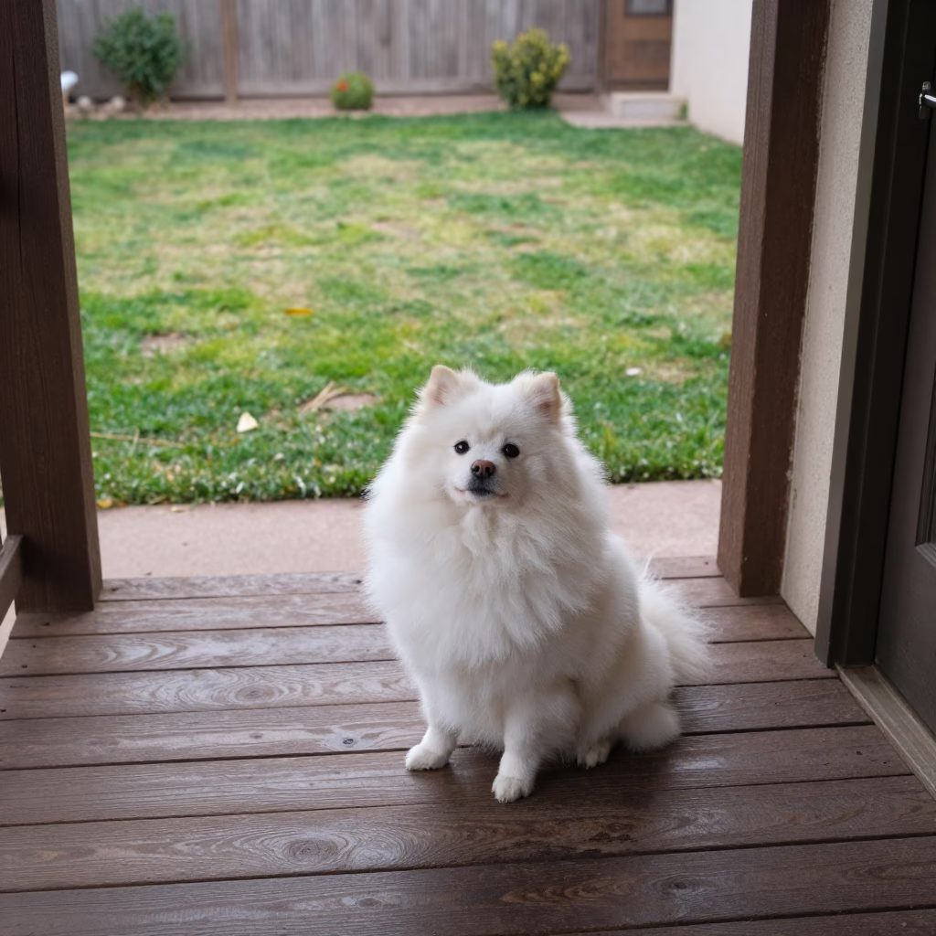 Japanese Spitz on Shaded Porch in El Paso Yard in in a small yard with clipped grass, calm light, and the animal centered in frame in El Paso