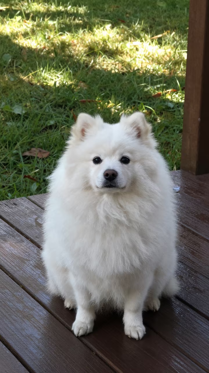Japanese Spitz on Shaded Porch in Wet Season in in a small yard with clipped grass, calm light, and the animal centered in frame near Zinder