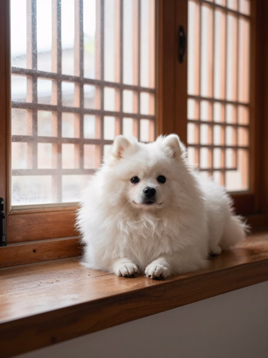 Japanese Spitz on Window Seat in Xian Apartment in on a window seat in a quiet apartment with soft side light in Xian