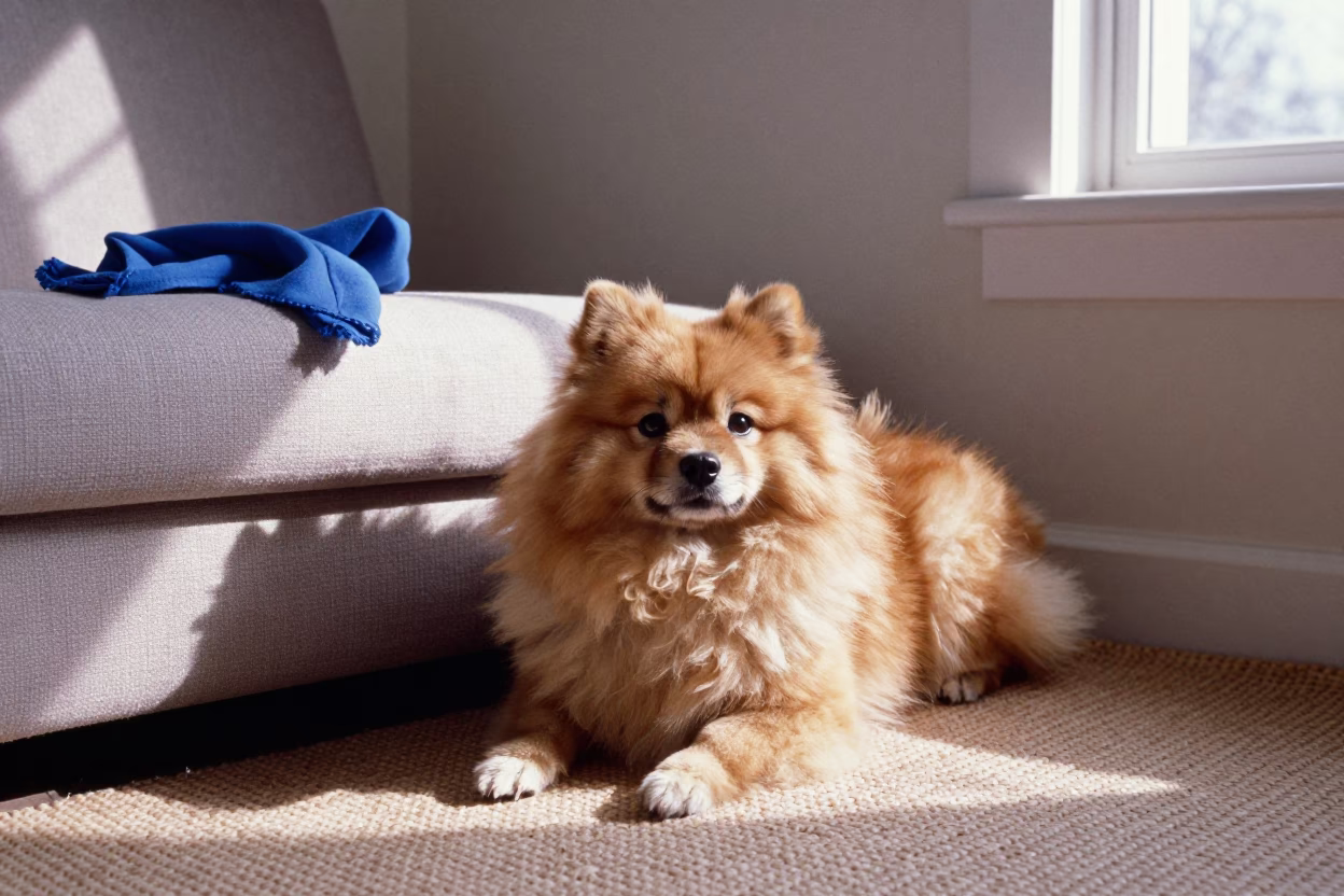 Japanese Spitz on Woven Rug in Mosul Home in on a woven rug beside a low couch and an uncluttered wall in Mosul
