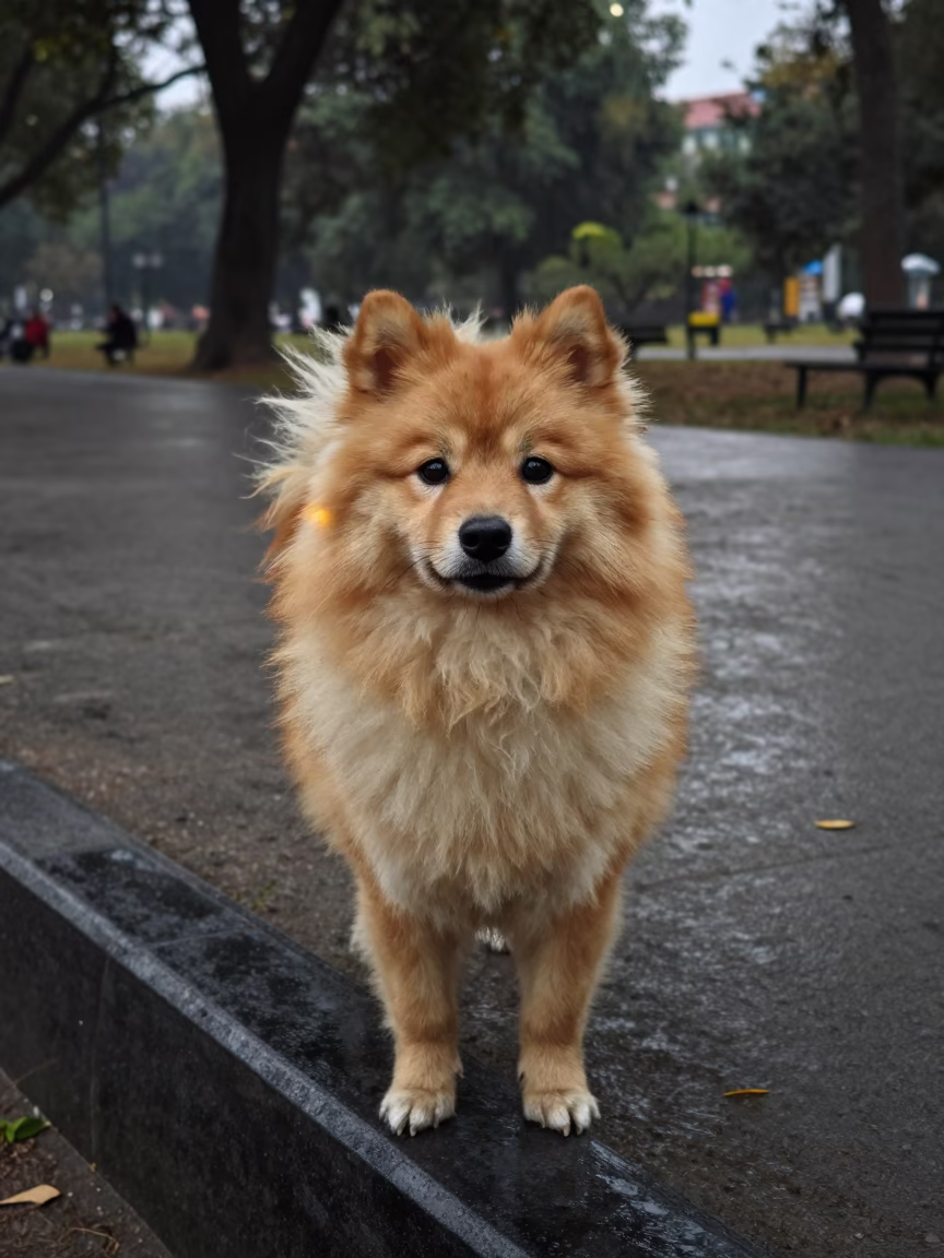Japanese Spitz Portrait in Saharanpur Park Shade in along a quiet park path with soft open shade and a clean background near Saharanpur