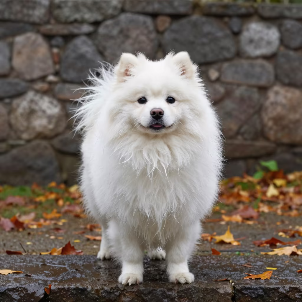 Japanese Spitz Portrait Morning Light Naples in near a garden edge with soft morning light and an uncluttered background in Naples