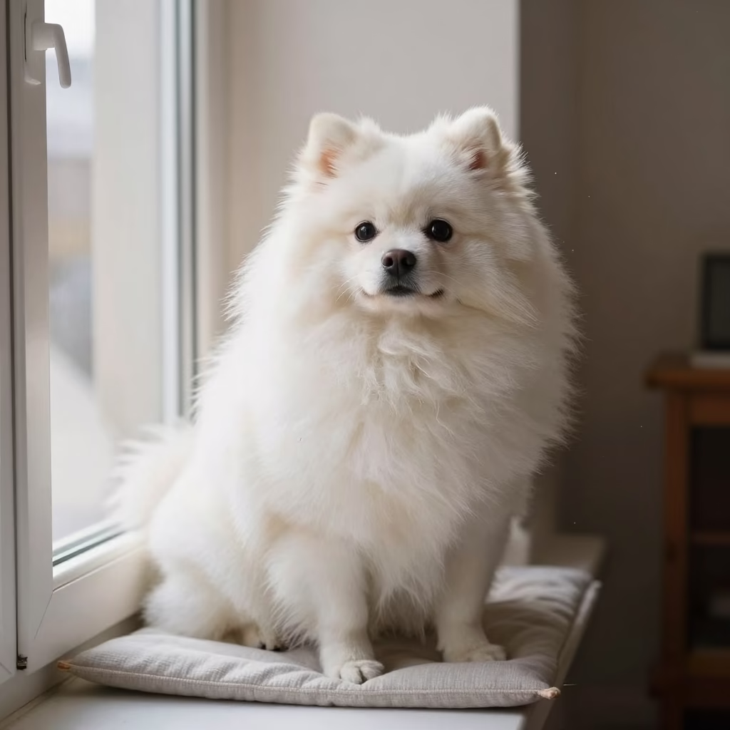 Japanese Spitz Portrait on Window Seat in Franceville in on a cushioned window seat with soft side light and an uncluttered background in Franceville