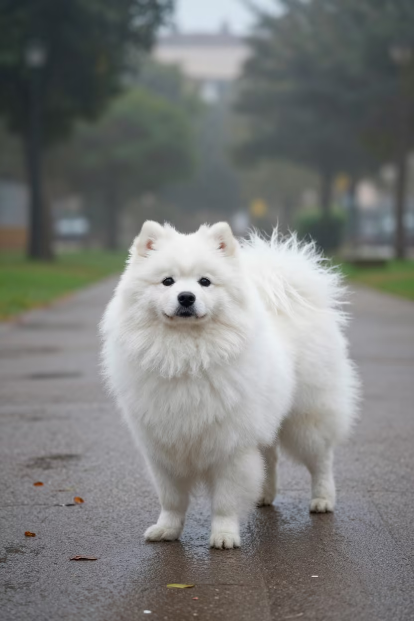 Japanese Spitz Portrait on Winter Malaga Path in along a quiet park path with soft open shade and a clean background in Malaga