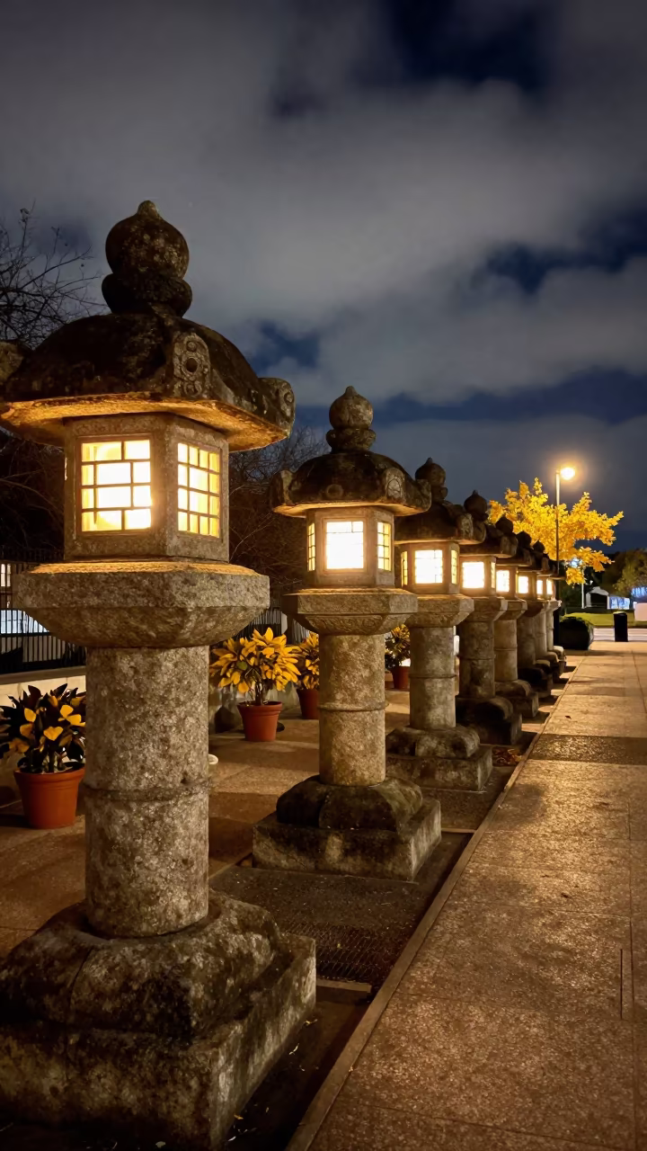 Japanese Stone Lanterns Glow in Madrid Prayer Hall in in a prayer hall in Madrid