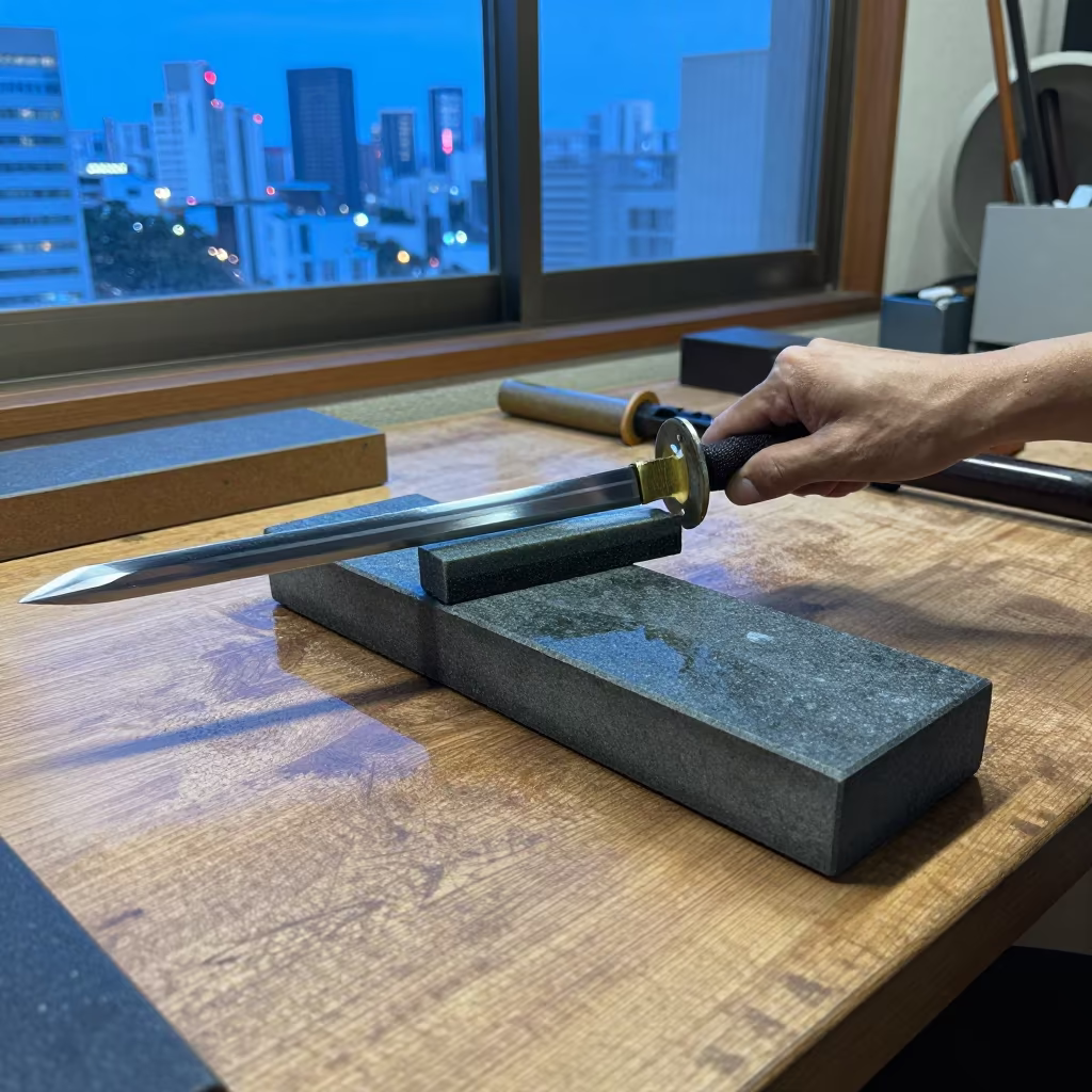 Japanese Sword Polisher at Twilight in on a wooden workbench near Tokyo