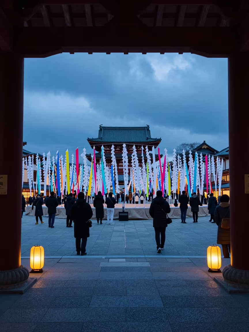 Japanese Tanabata Streamers in Xian Winter Twilight in at a public square during a festival near Xian