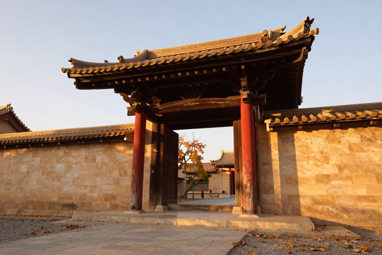 Japanese Temple Gate in Libyan Autumn Courtyard in in a temple courtyard in Libya